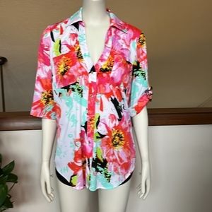 Bebe Floral V-neck Snap Front Zipper Back 3/4 Sleeve Blouse White Small